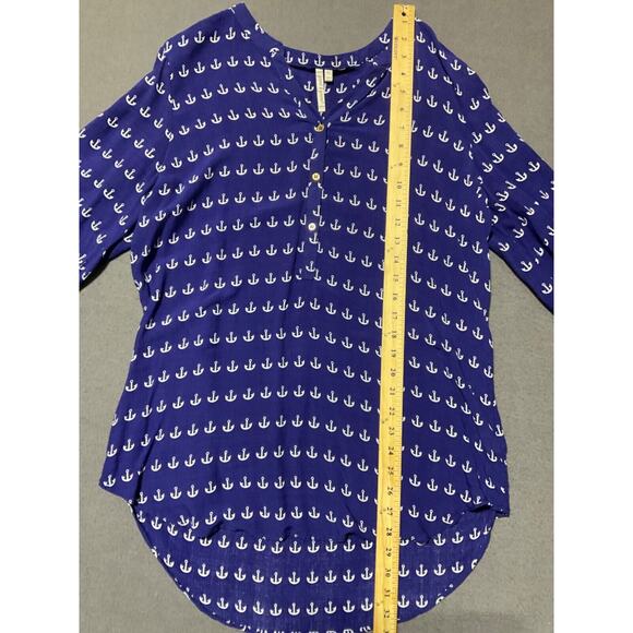Grand & Greene Anchor Print XL Navy Top 1/4 Button Closure 3/4 Sleeve Nautical - Picture 3 of 8